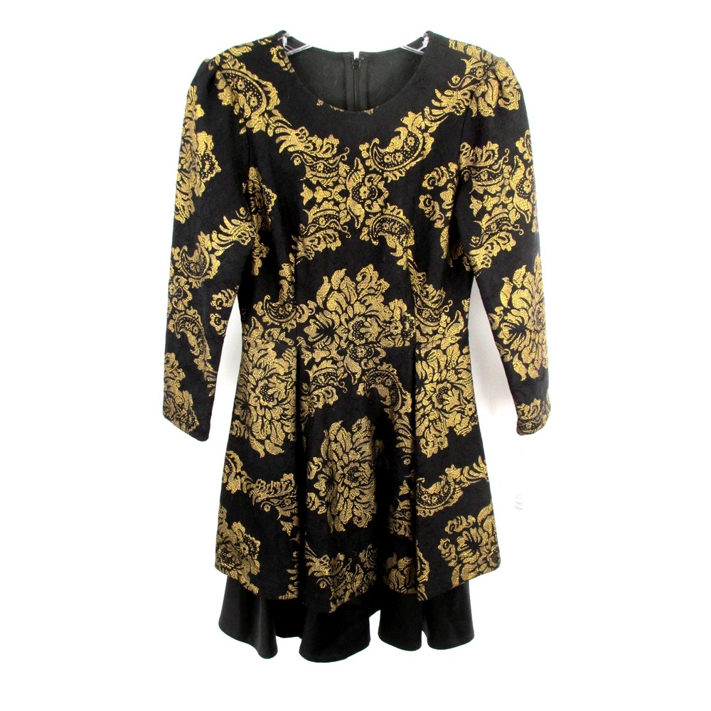 Gianni Bini Black Gold Fit & Flare Midi Dress Womens 0 3/4 Sleeve Evening Party